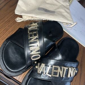 Valentino Black Sandals with Gold Logo